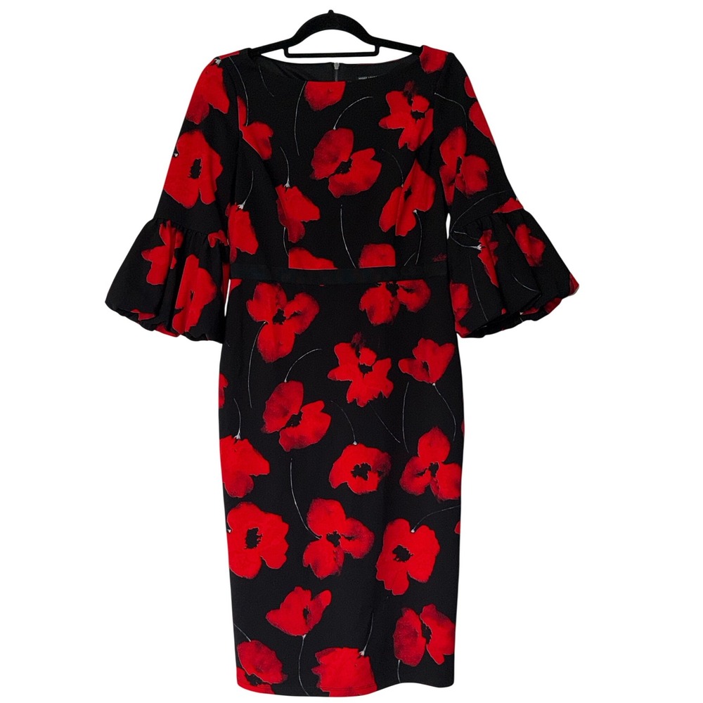 Maggy London Black Red Poppy Floral‎ Tiered Bell Sleeve Sheath Dress Size 8